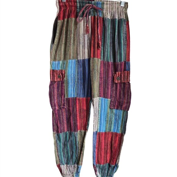 Colorful Patchwork Striped Cotton Cargo Joggers Barrel Pants Pull On Made Nepal - Picture 1 of 9